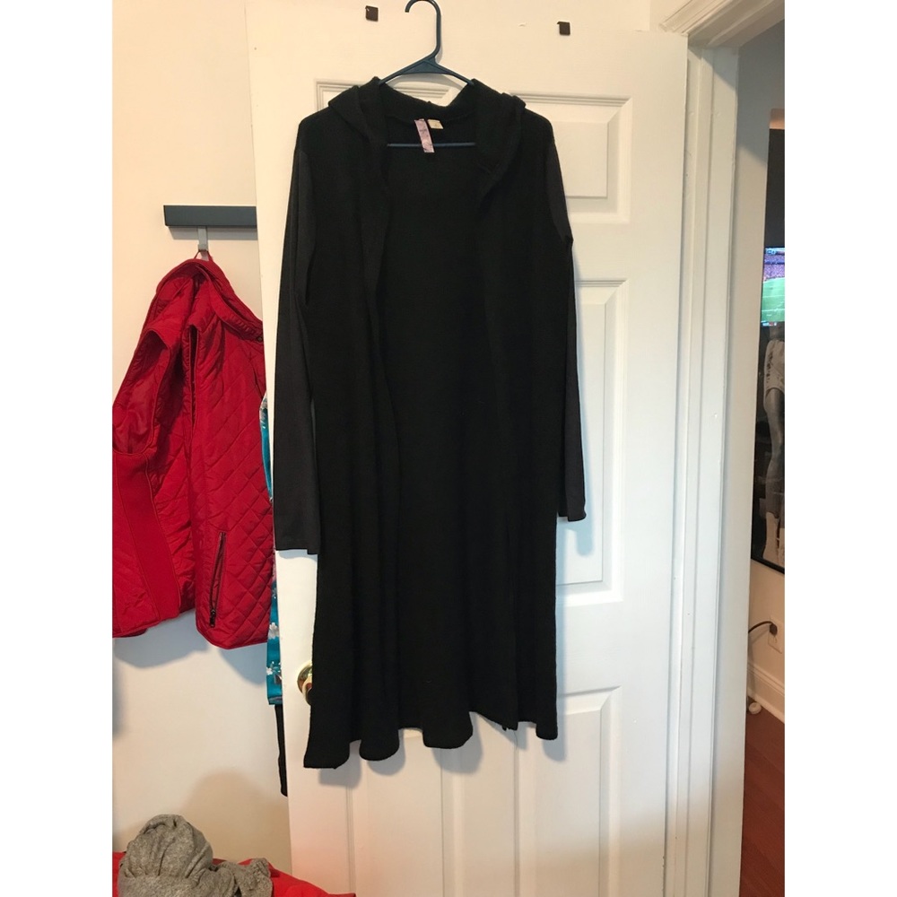 Long black hooded duster